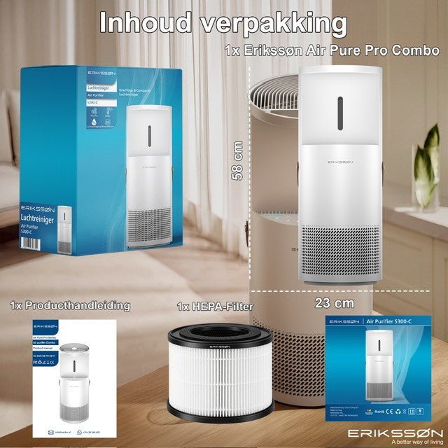 Erikssøn Luchtreiniger Air Pure Pro - Luchtbevochtiger Combo - 397 m3/u - Wit - Erikssøn