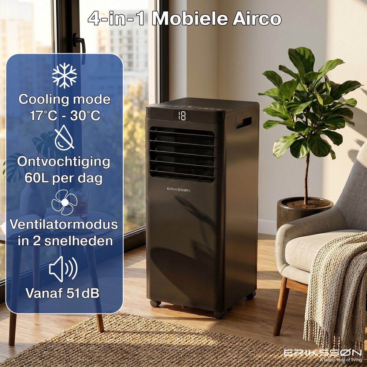 Erikssøn Mobiele Airco - 10.000 BTU - Incl. Raamafdichtingskit- Zwart - Erikssøn