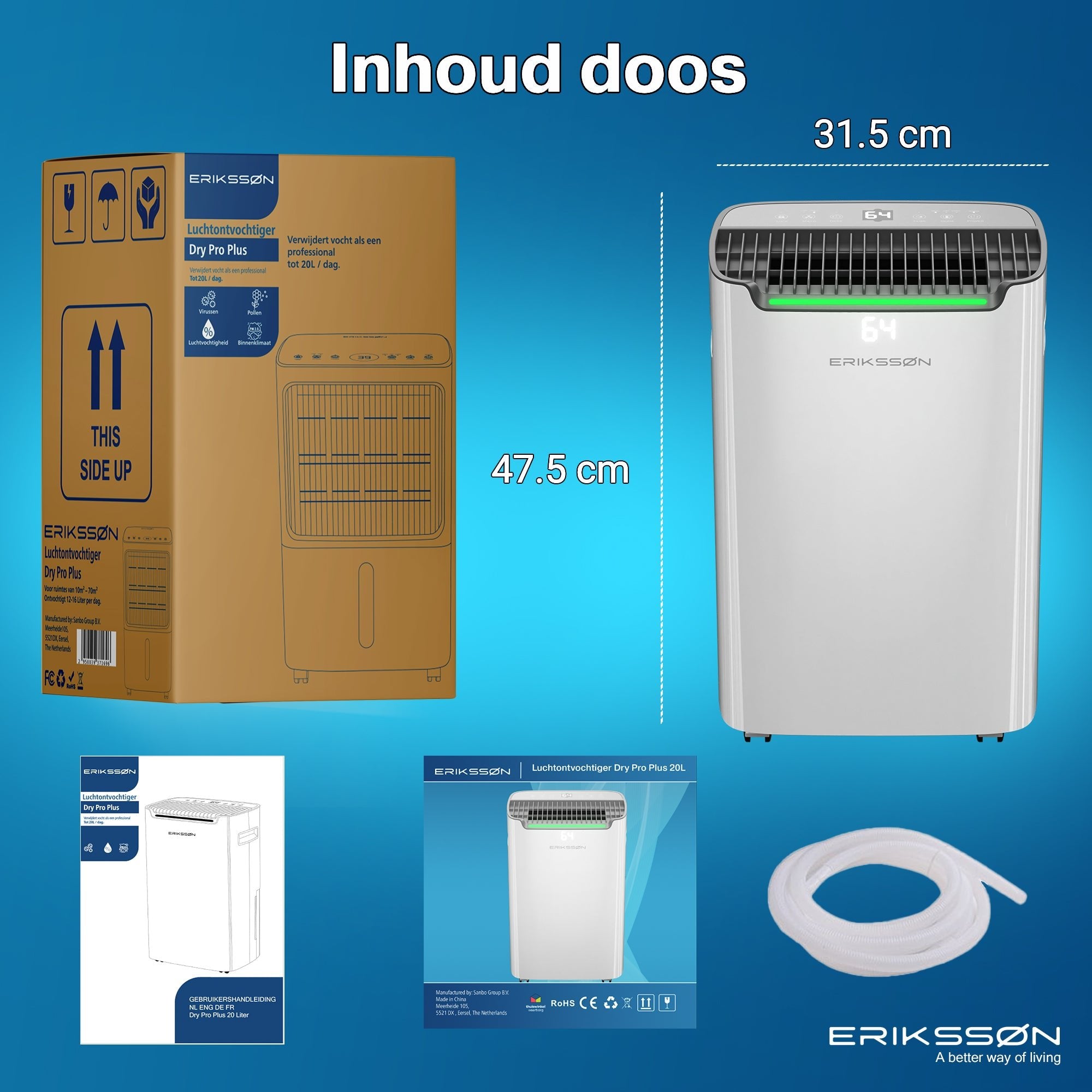Erikssøn Luchtontvochtiger Dry Pro Plus - Ontvochtigt Tot 20 Liter Per Dag - Was - droog Functie - Wit - Erikssøn