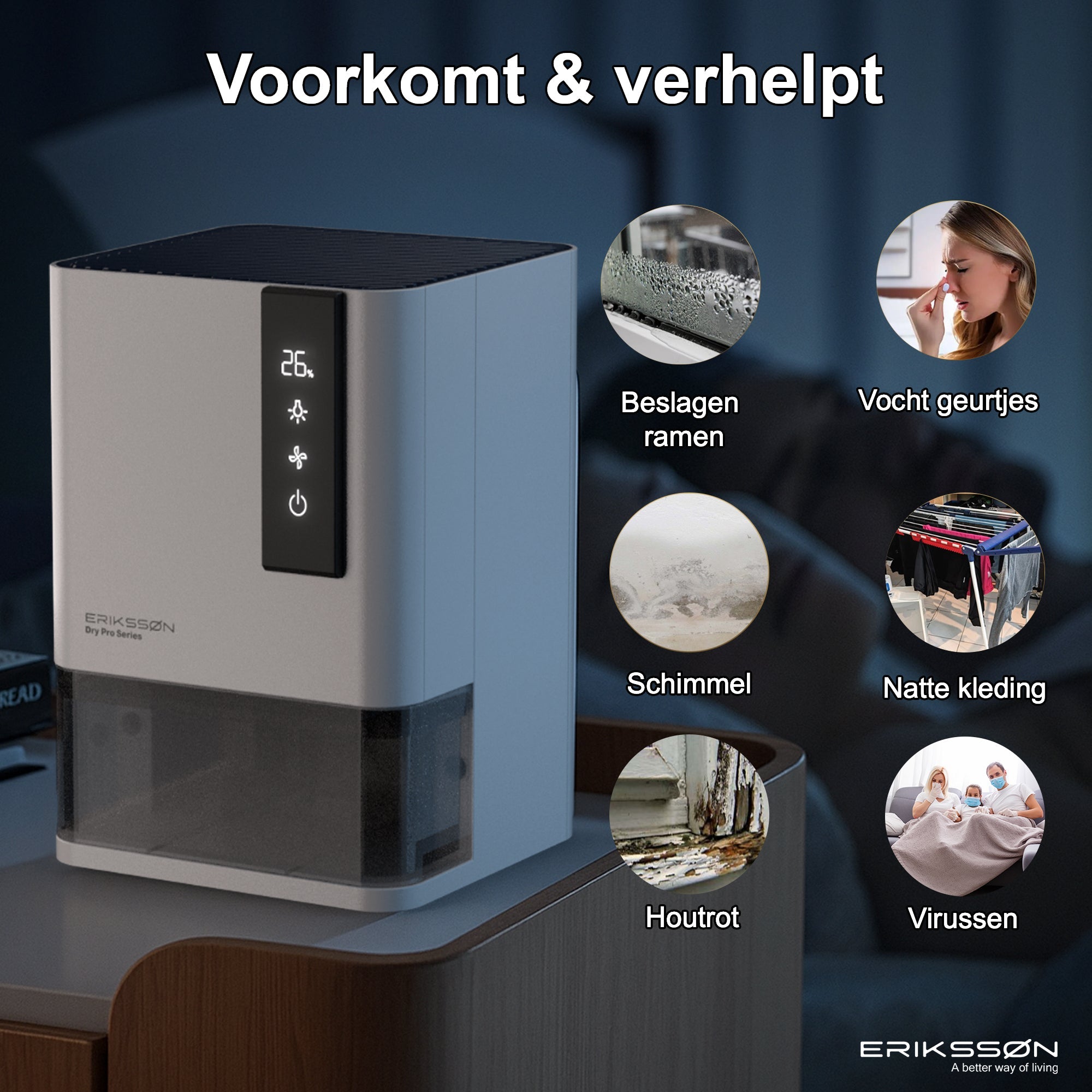 Erikssøn Luchtontvochtiger Dry Pro Series - Tot 1.2 Liter / dag - Wit - Erikssøn