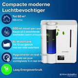 Erikssøn Luchtbevochtiger Elite - 8 Liter - Geschikt voor Woonkamer, Kantoor, Slaapkamer, Babykamer - Humidifier - Met Aromatherapie - Wit