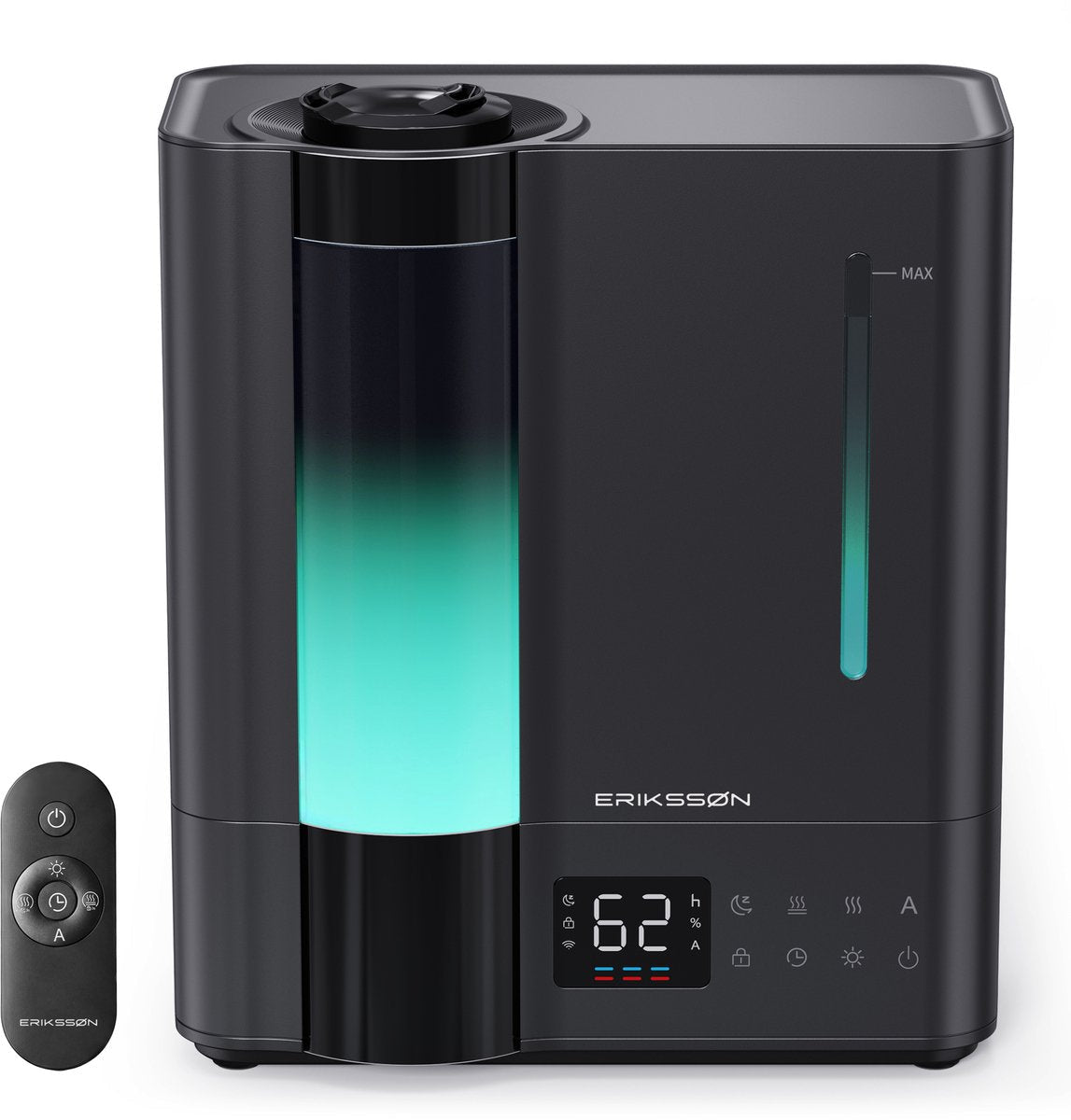 Erikssøn Luchtbevochtiger Elite - 8 Liter - Geschikt voor Woonkamer, Kantoor, Slaapkamer, Babykamer - Humidifier - Met Aromatherapie - Zwart - Erikssøn