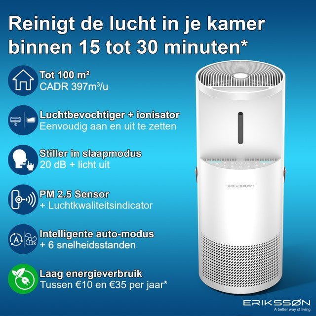 Erikssøn Luchtreiniger Air Pure Pro - Luchtbevochtiger Combo - 397 m3/u - Wit - Erikssøn