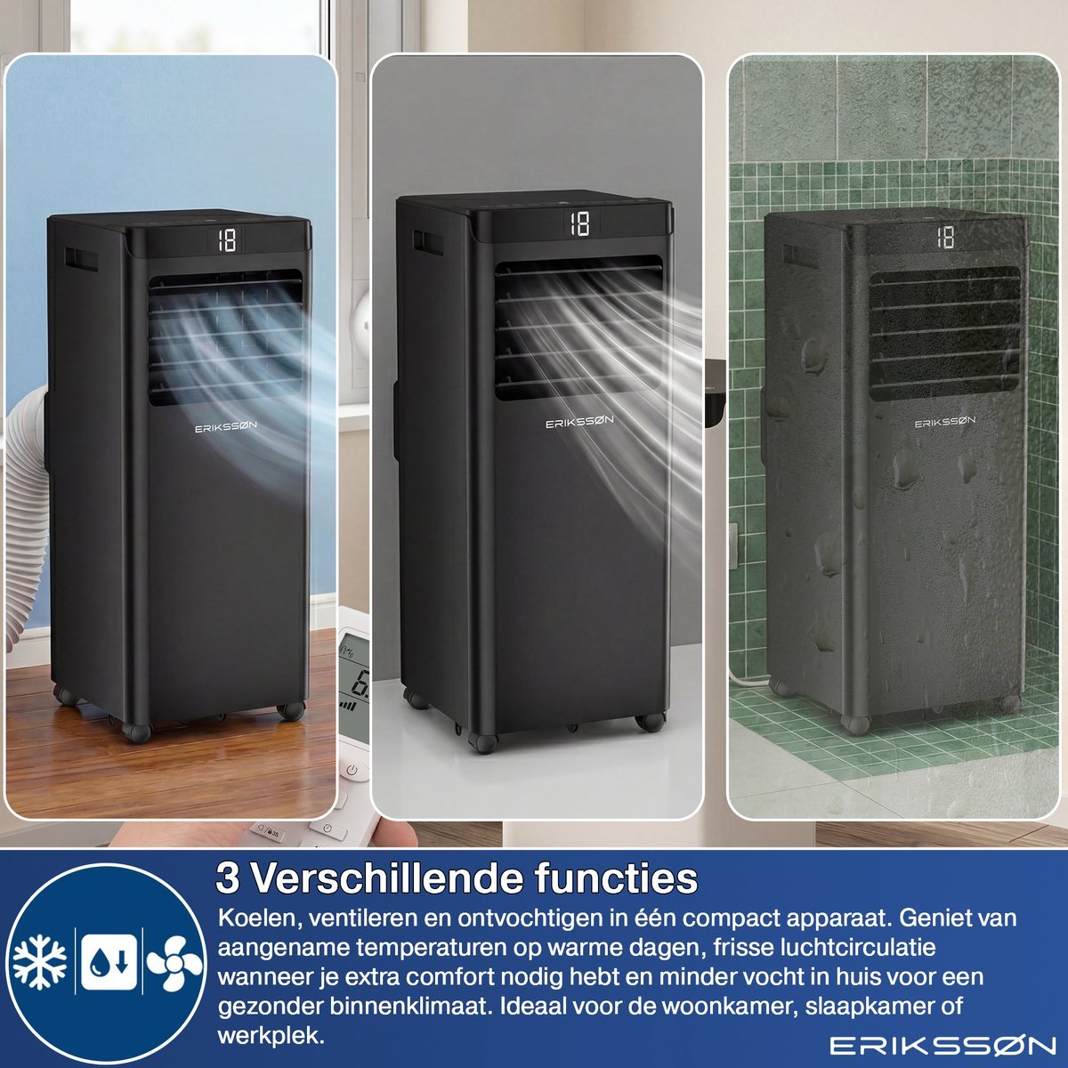 Erikssøn Mobiele Airco - 10.000 BTU - Incl. Raamafdichtingskit- Zwart - Erikssøn