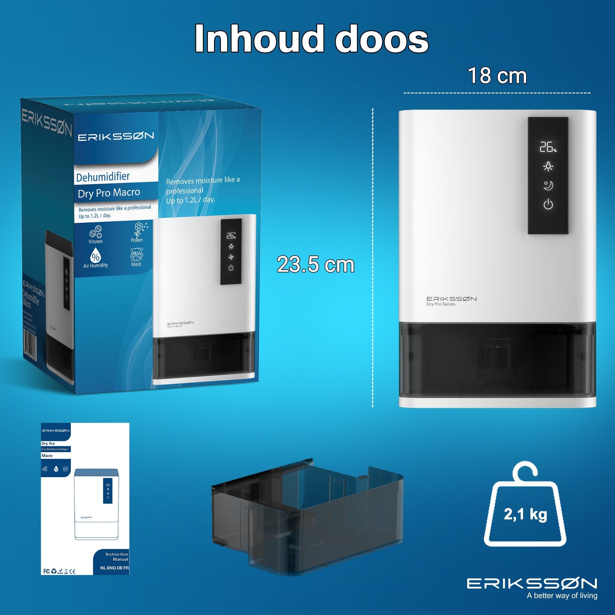 Erikssøn Luchtontvochtiger Dry Pro Series - Tot 1.2 Liter / dag - Wit - Erikssøn