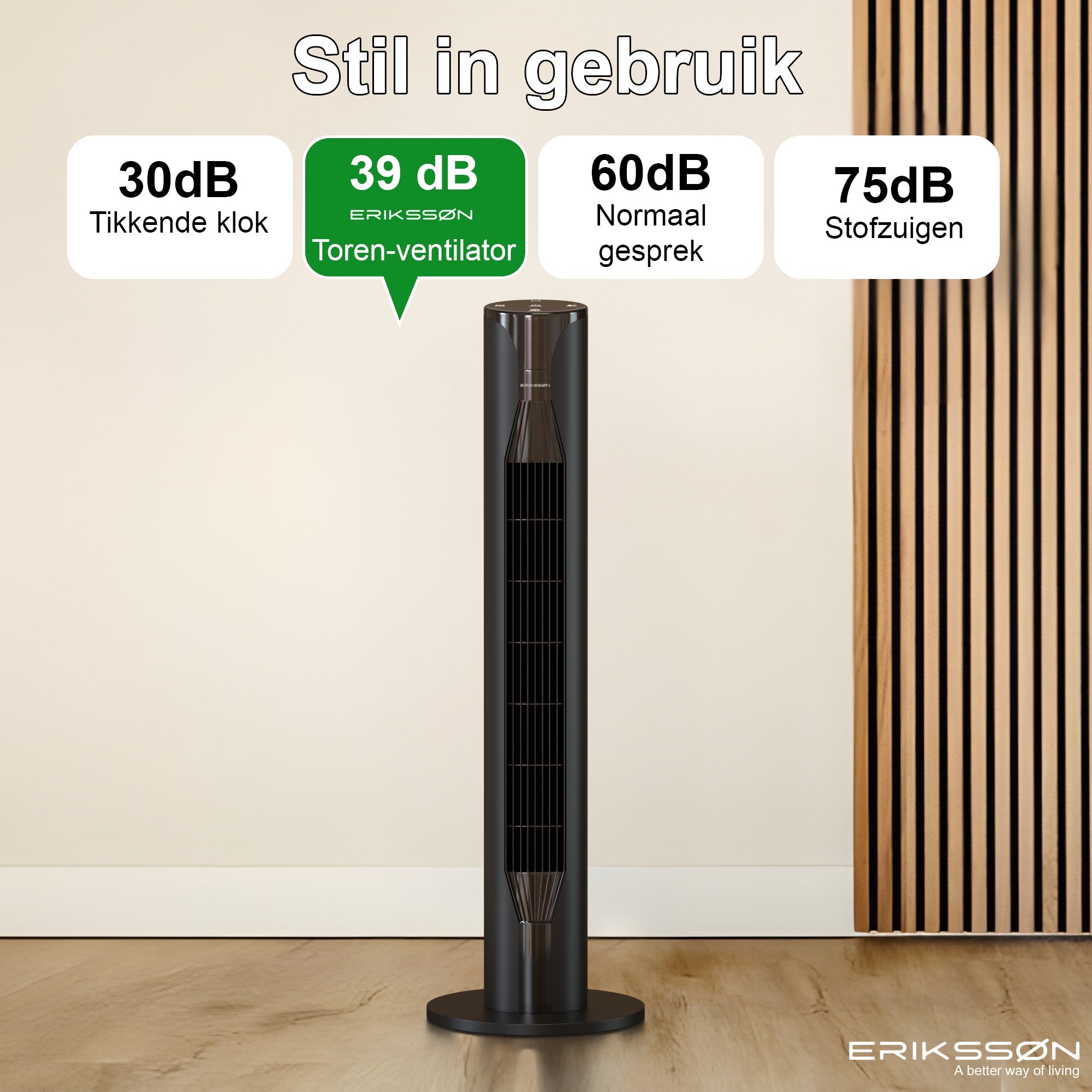 Erikssøn Torenventilator - Silent Comfort Series - Staande Ventilator met Afstandsbediening - Timer - 55W - 39 dB - 106cm - Zwart - Erikssøn